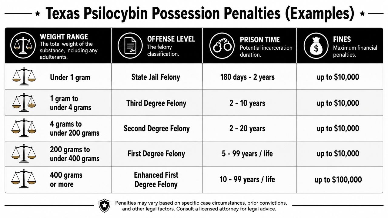 A chart detailing Texas psilocybin possession penalties based on weight, offense level, prison time, and fines.