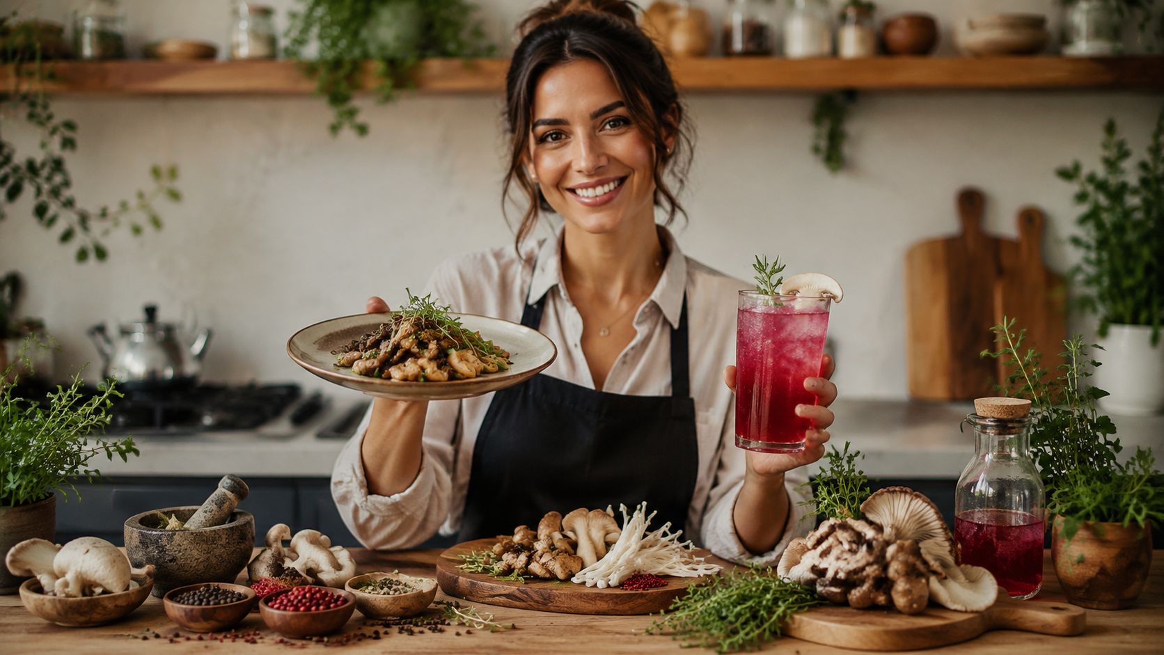 A smiling woman in an apron holding a plate of mushrooms and a vibrant purple cocktail.