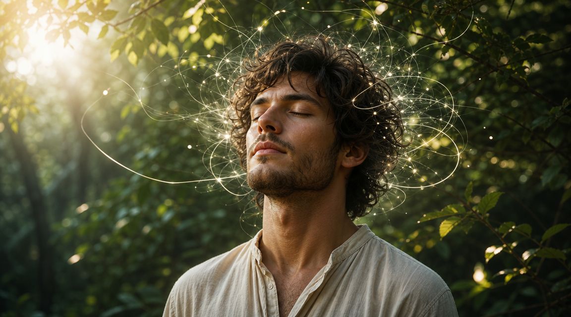 A young man with curly hair in a forest with glowing light trails orbiting his head.