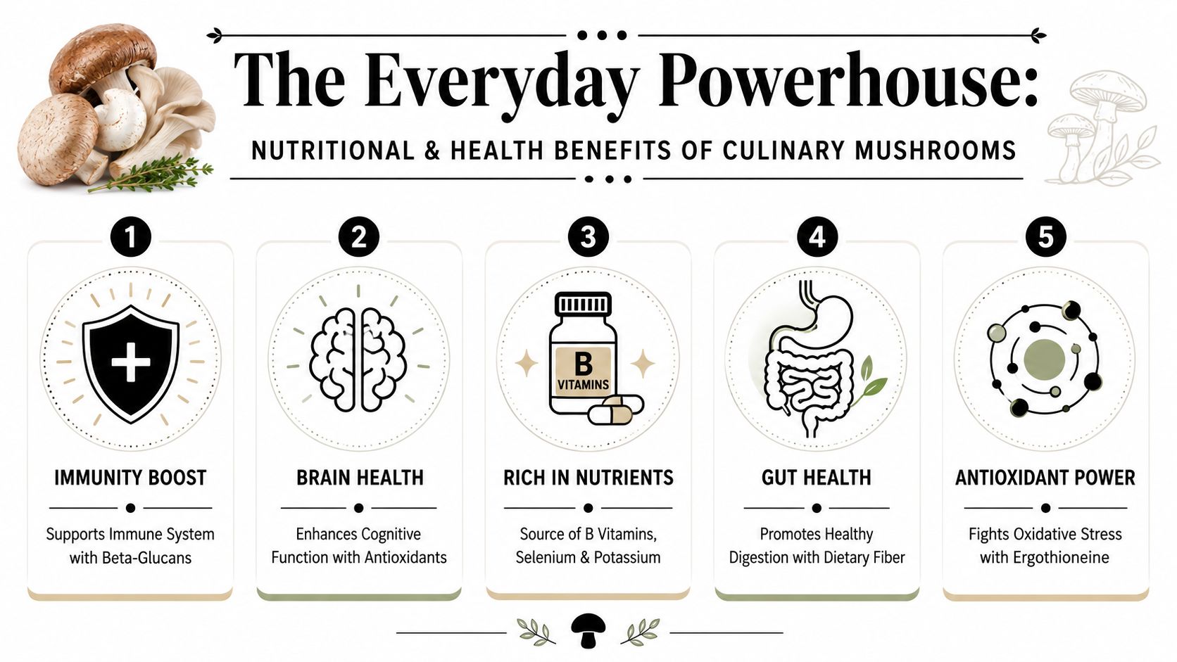 An infographic titled The Everyday Powerhouse illustrating five major nutritional and health benefits of culinary mushrooms.