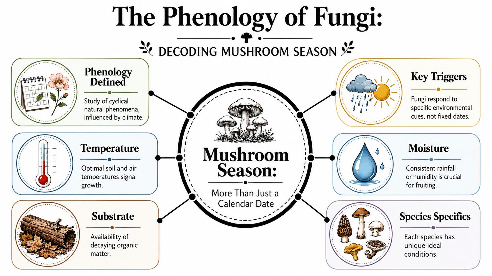 An infographic titled The Phenology of Fungi explaining the environmental factors that dictate mushroom hunting seasons.