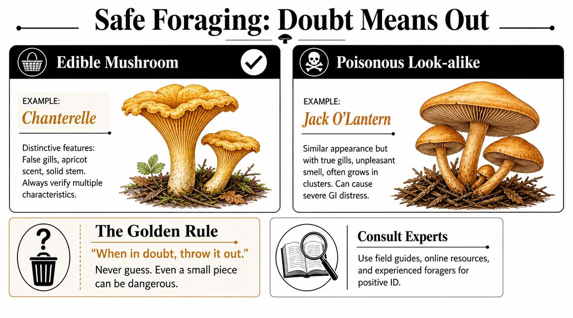 An infographic comparing edible Chanterelle mushrooms with poisonous Jack O'Lantern look-alikes to promote safe foraging practices.
