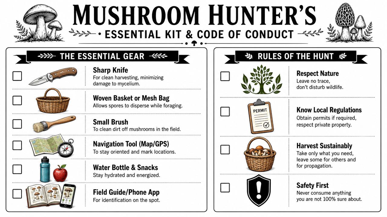 An infographic list titled Mushroom Hunter's Essential Kit & Code of Conduct outlining gear and ethical rules.