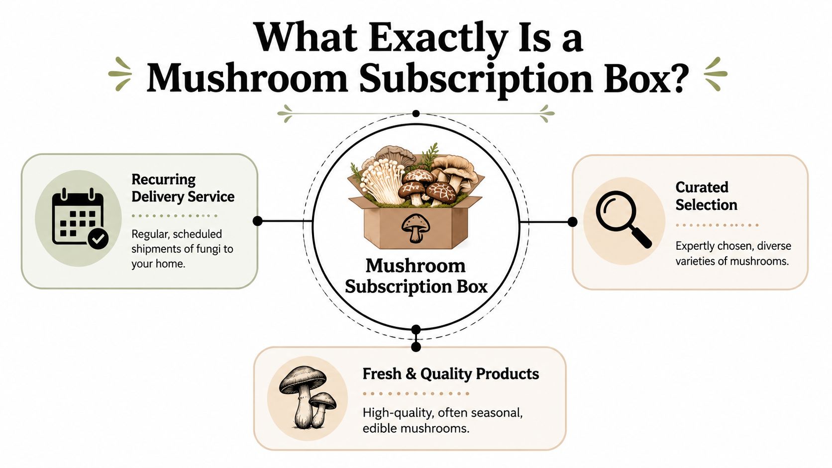 An infographic explaining a mushroom subscription box, highlighting recurring delivery, curated selection, and fresh quality products.