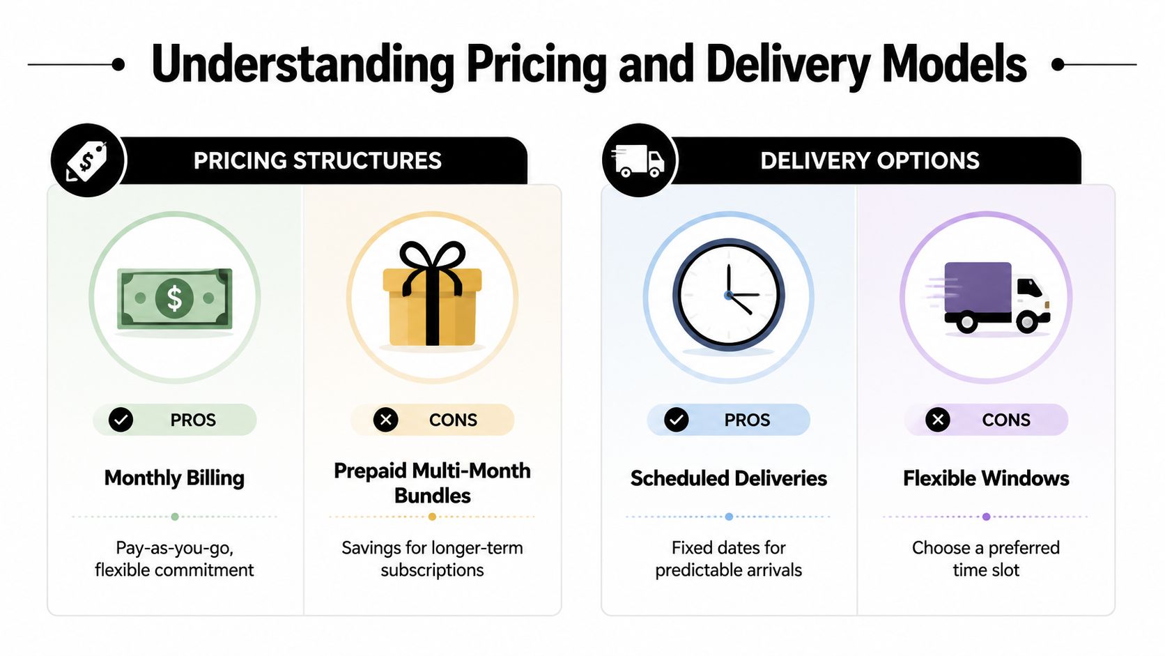 A diagram comparing subscription pricing structures and delivery options including monthly billing, bundles, and scheduled service.