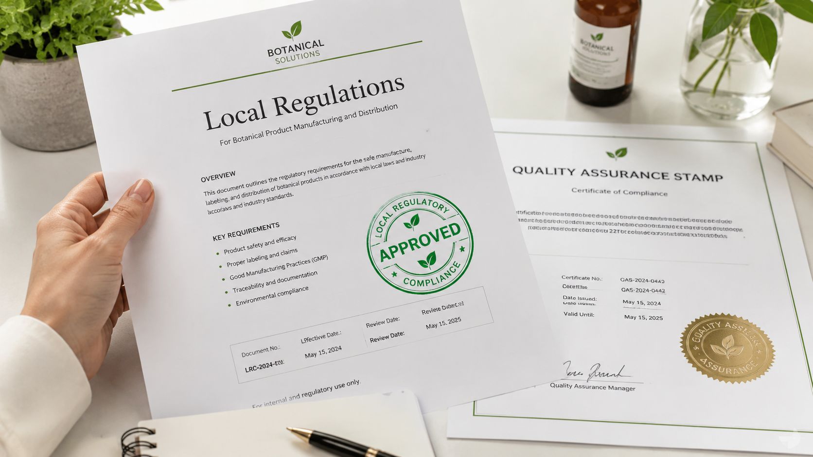 A hand holds a Local Regulations document for botanical products with an approved regulatory compliance stamp.