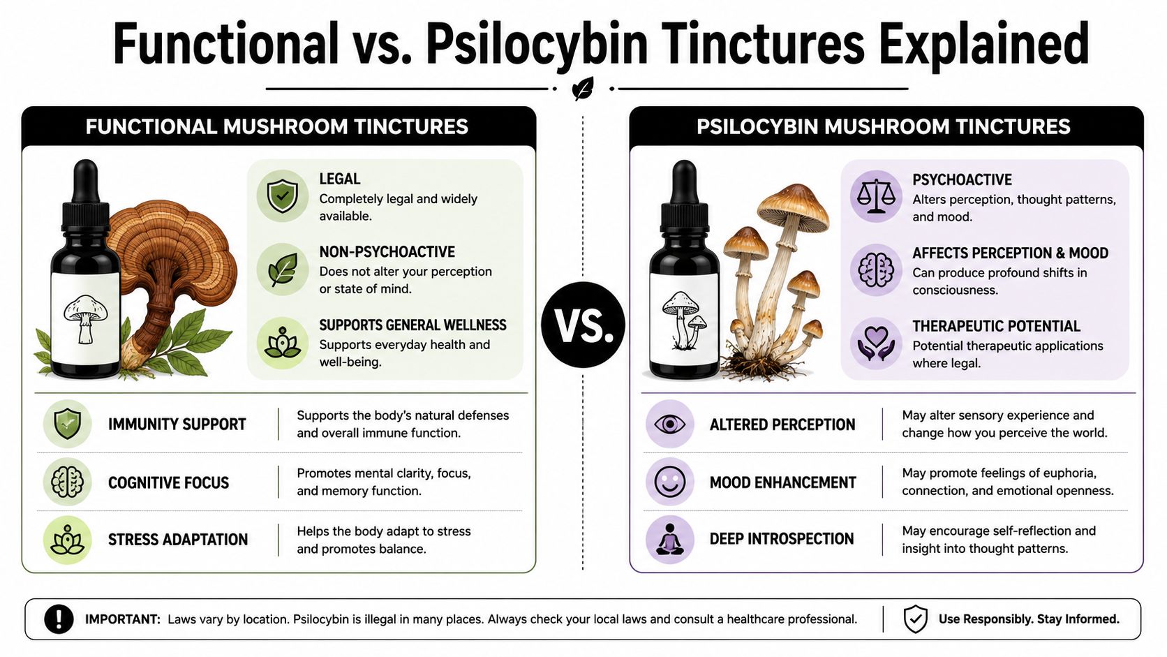A comparative infographic explaining the differences between functional mushroom tinctures and psilocybin mushroom tinctures.