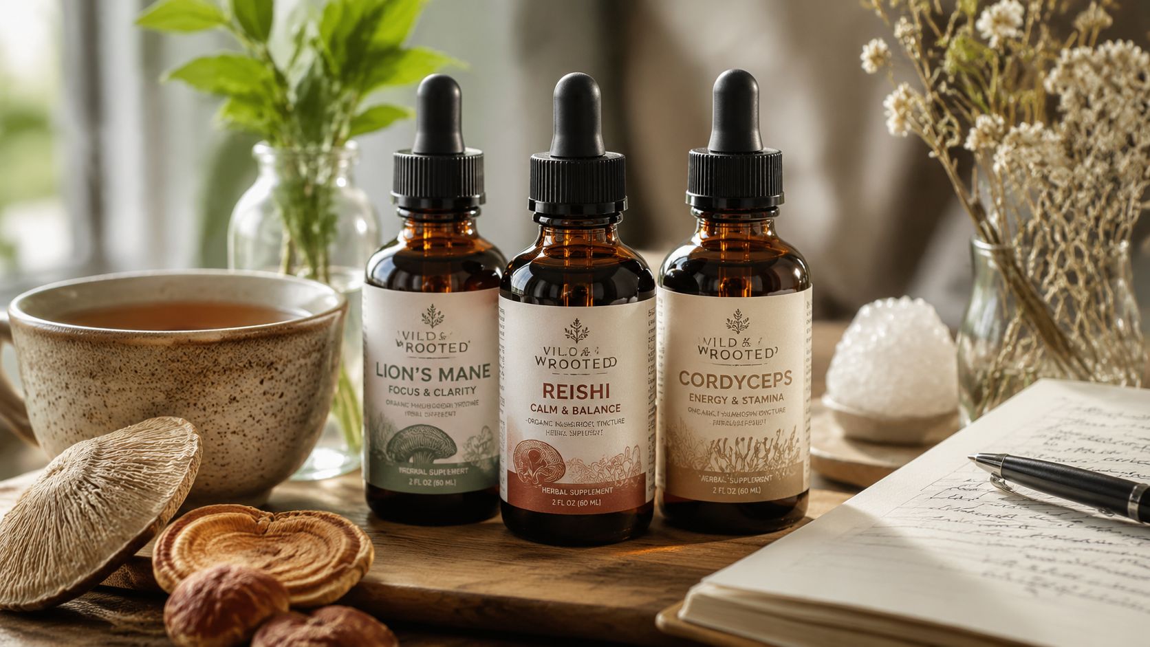 Three glass bottles of Wild & Rooted mushroom tinctures displayed on a wooden surface with dried fungi.