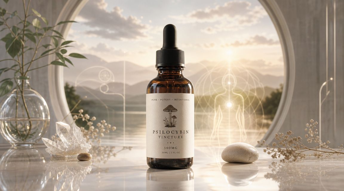 A glass bottle of psilocybin tincture on a marble surface with crystals, dried flowers, and a scenic background.