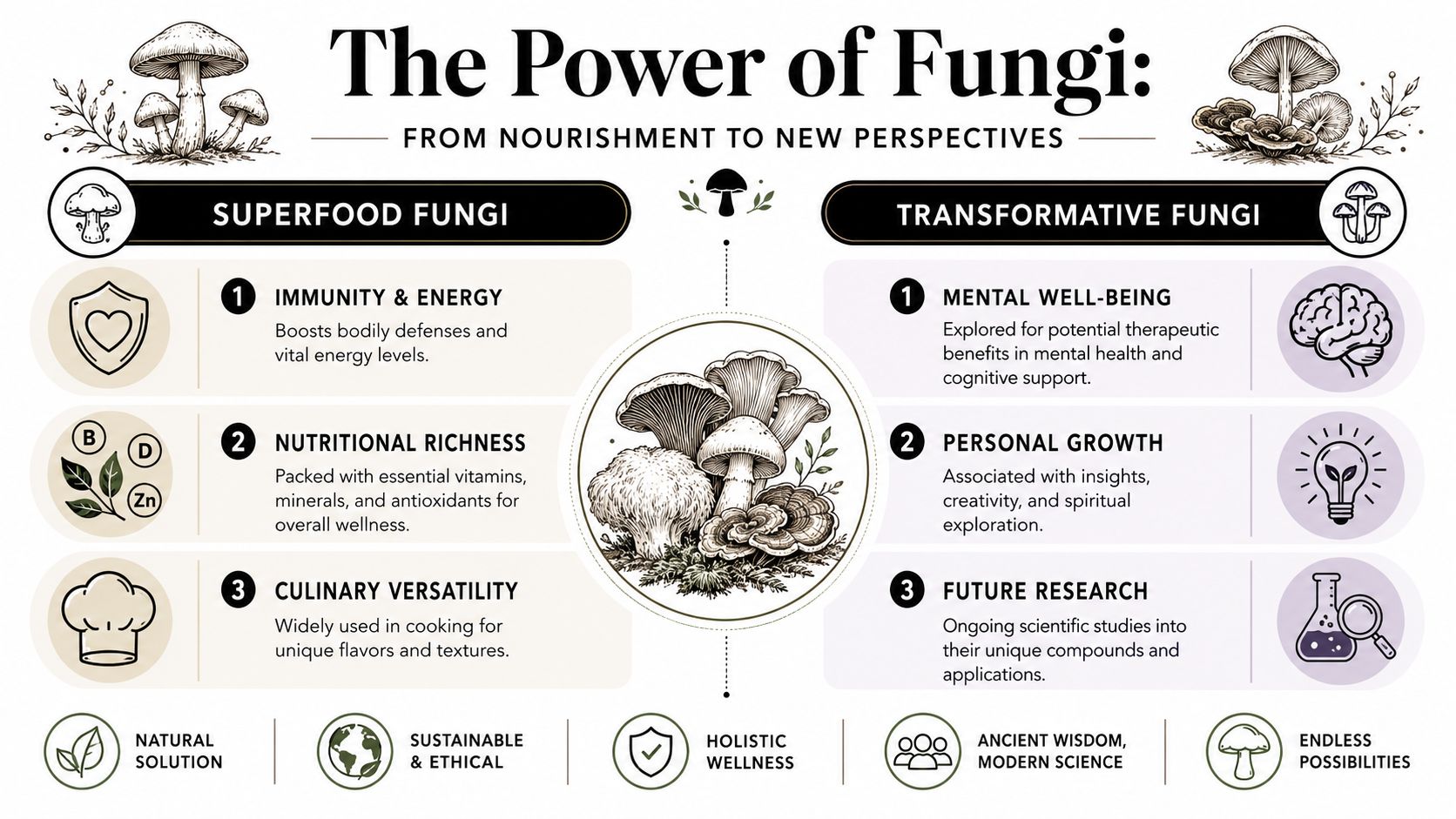 An educational infographic titled The Power of Fungi outlining benefits for nutrition and therapeutic wellness.