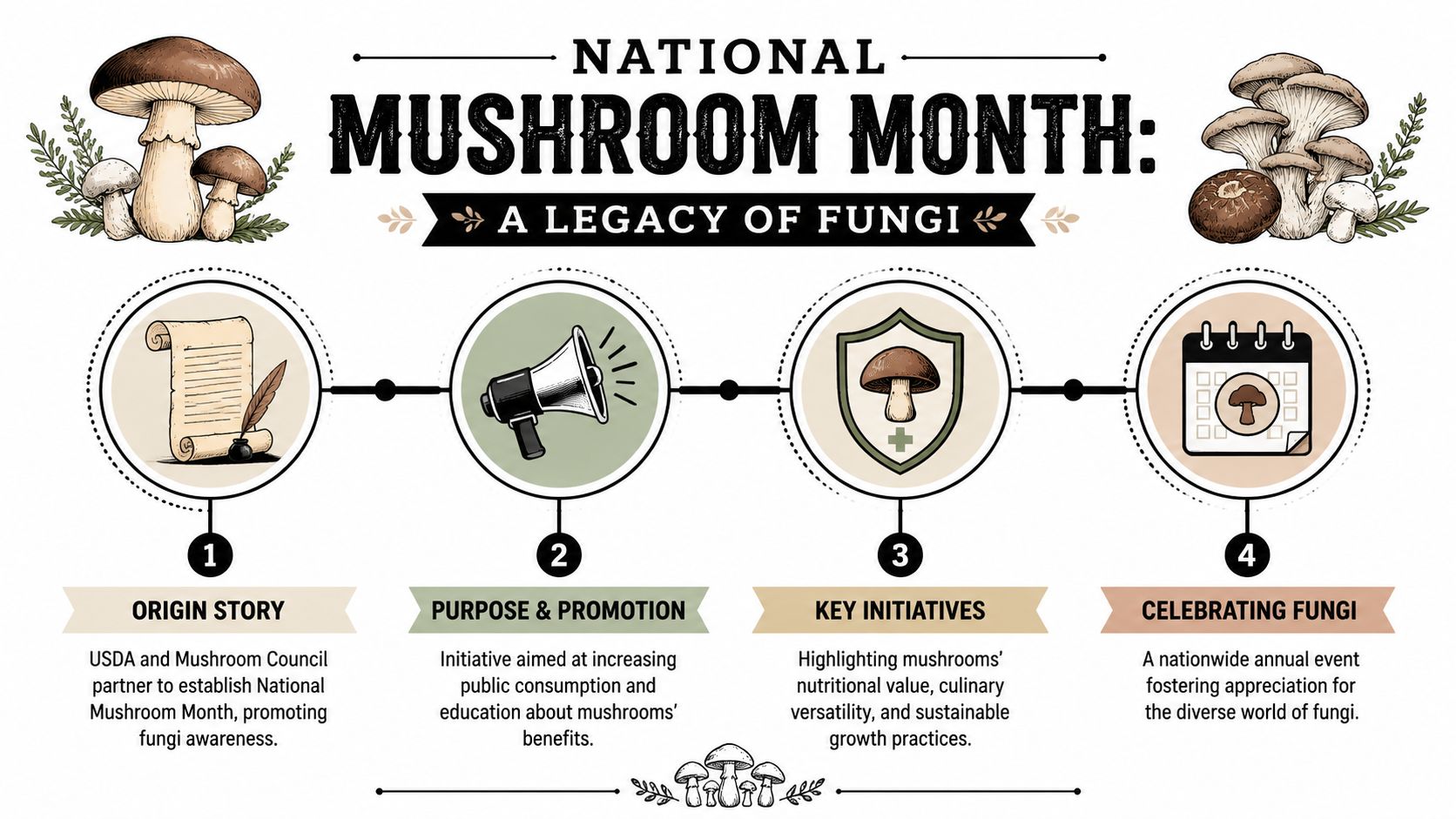An infographic titled National Mushroom Month explaining the origin, purpose, initiatives, and celebration of mushrooms.