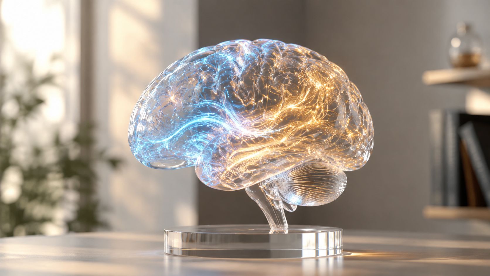 A glass model of a human brain with glowing neural networks in blue and orange light.