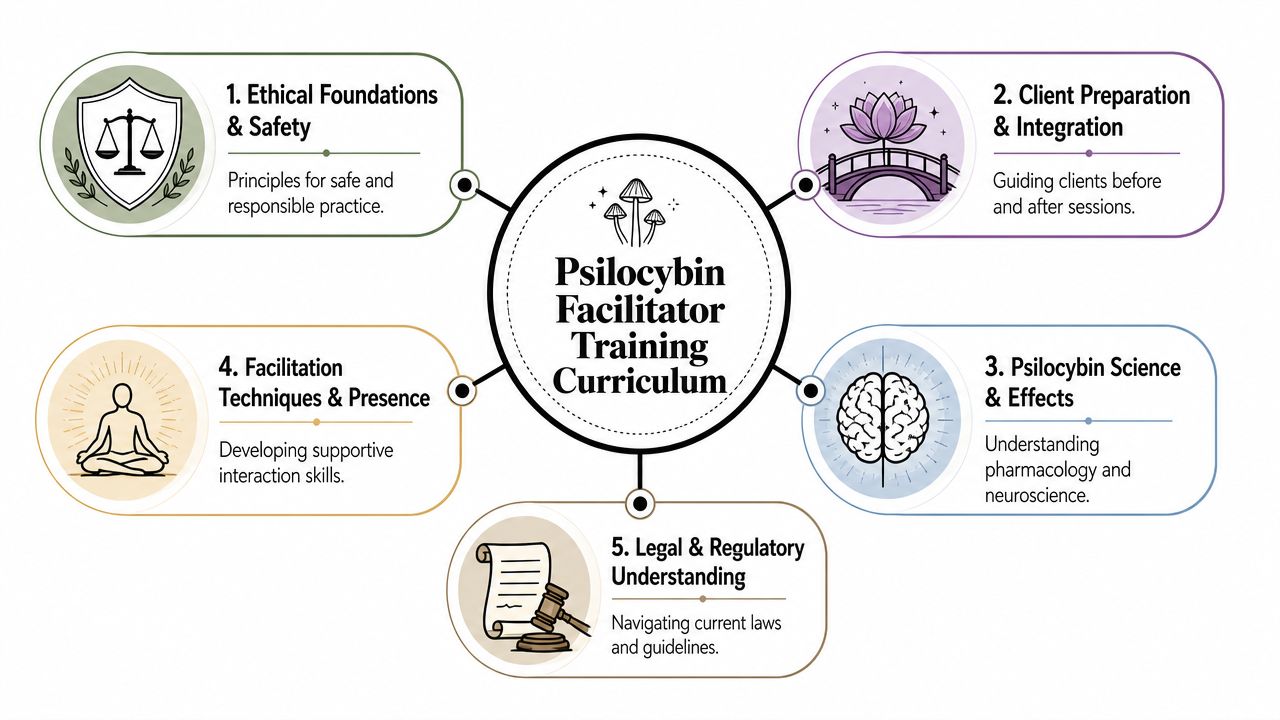 An infographic showing the five core components of a psilocybin facilitator training curriculum, including ethics, preparation, and science.