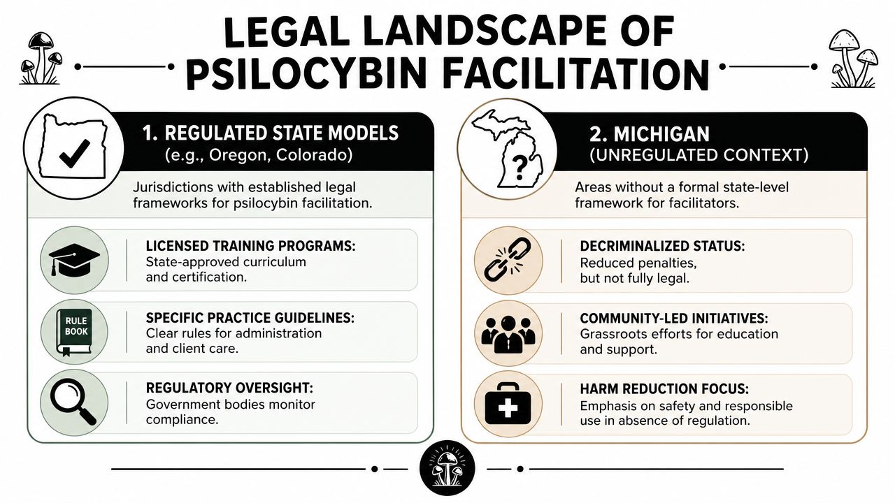 An infographic comparing regulated state psilocybin facilitation models with unregulated, community-led decriminalized contexts like Michigan.