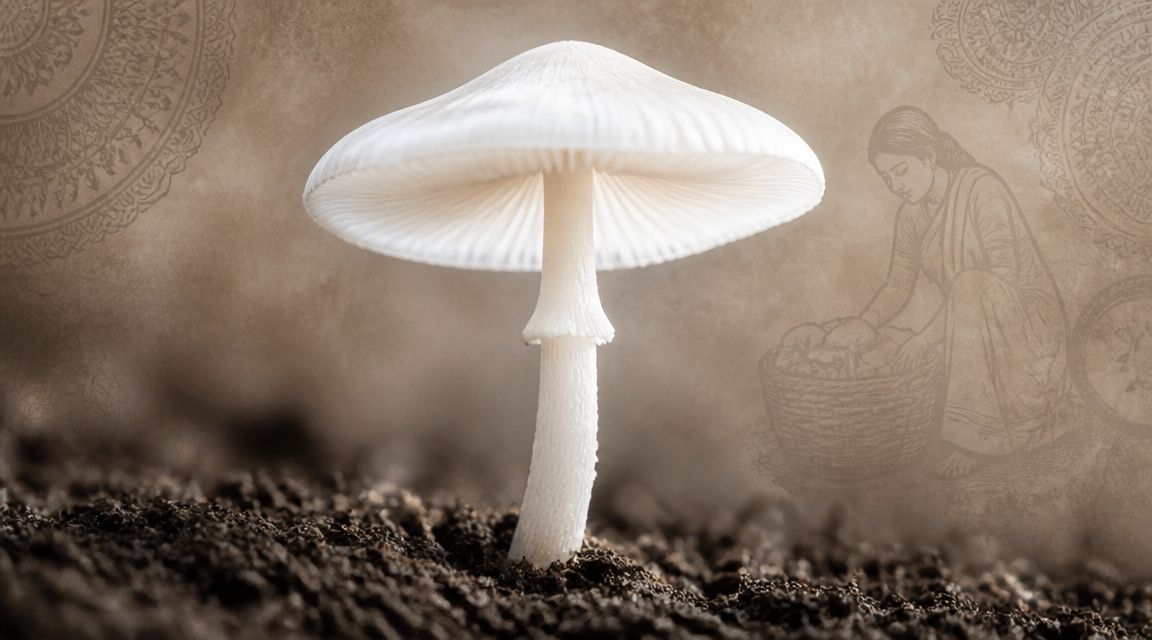 A delicate white mushroom grows from dark soil, set against a background featuring an illustration of a woman.