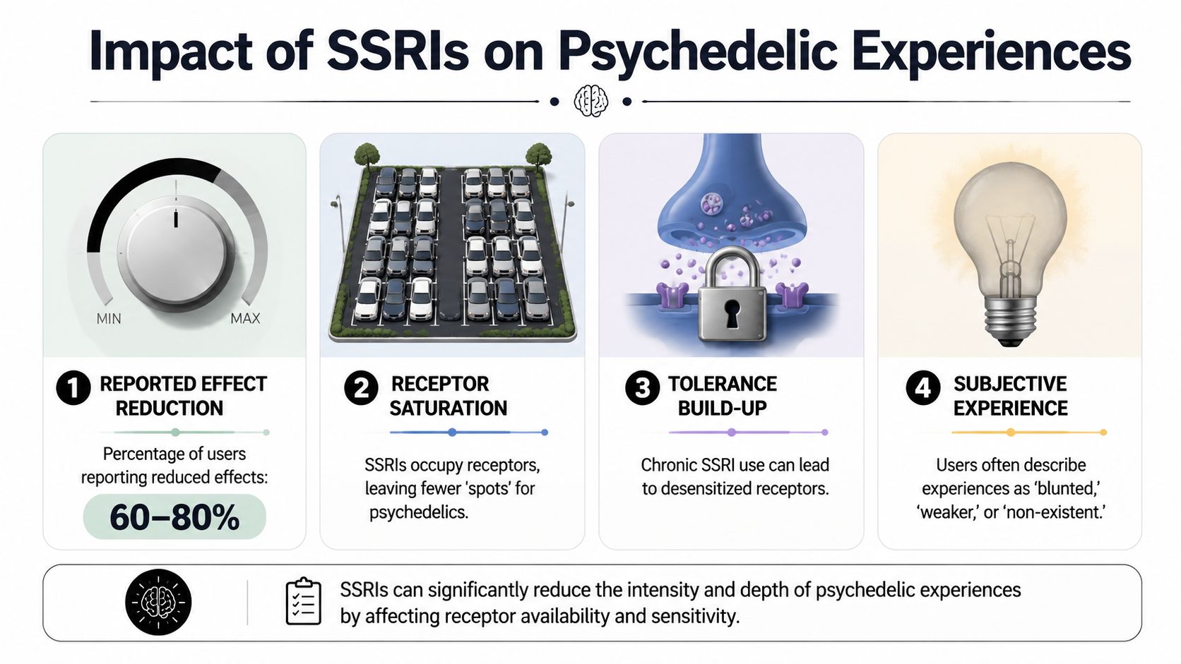 An infographic showing how SSRI medications reduce the intensity and depth of psychedelic experiences for users.