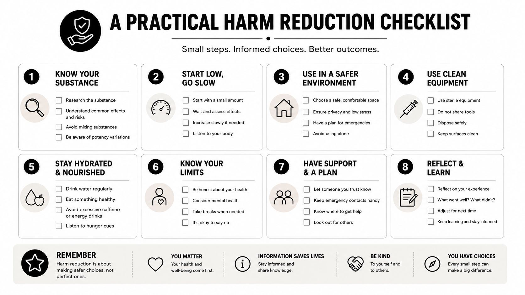 An infographic titled A Practical Harm Reduction Checklist outlining eight actionable steps for safer substance use.