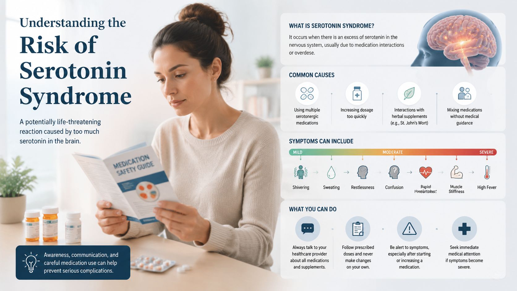 An infographic showing symptoms, causes, and prevention tips for the potentially life-threatening condition serotonin syndrome.