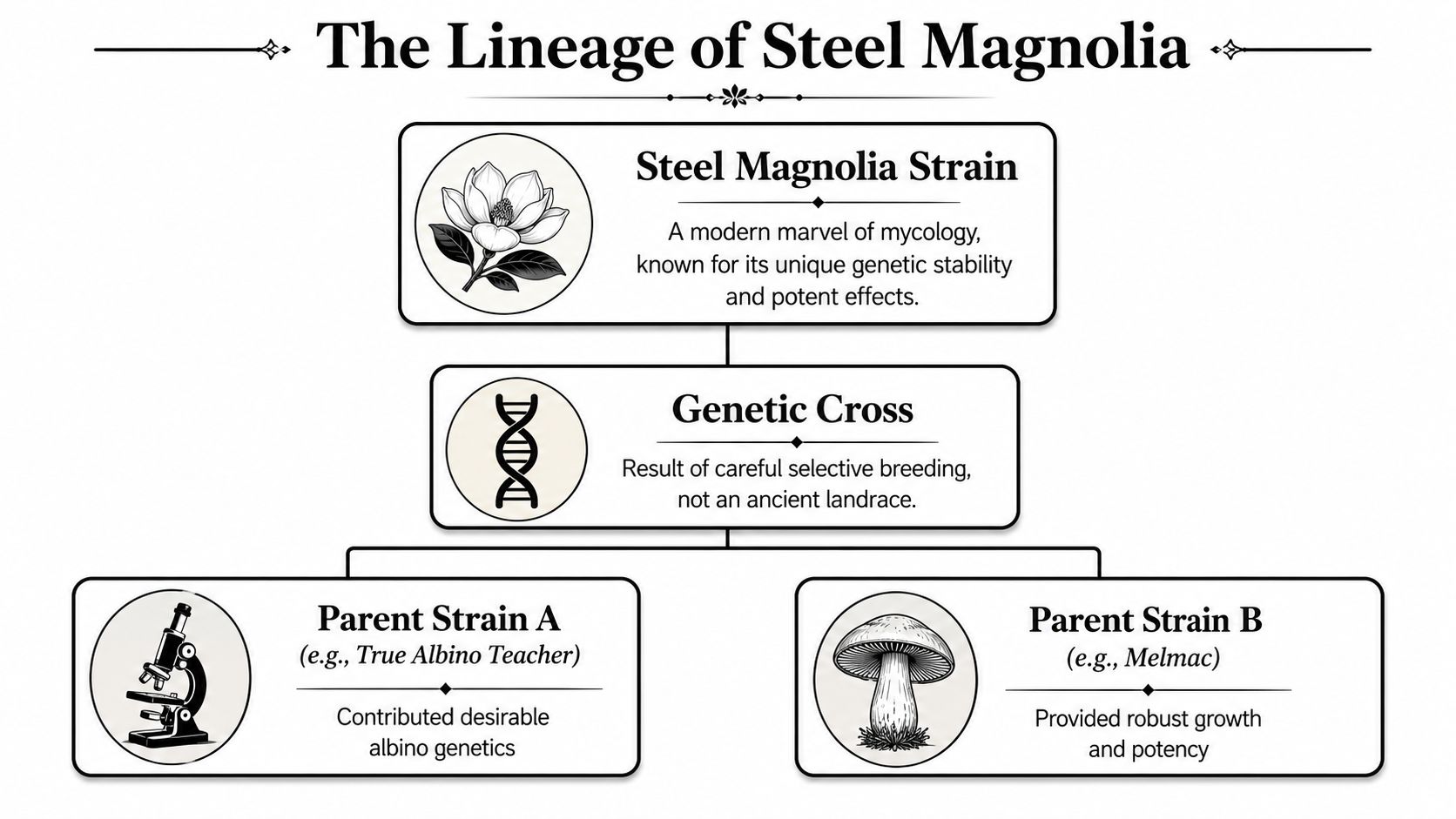 A diagram illustrating the genetics and lineage of the Steel Magnolia mushroom strain, showing its parent strains.