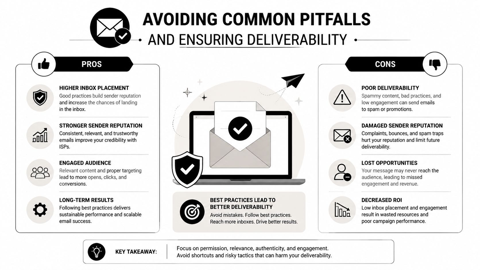 An infographic comparing the pros and cons of email marketing practices for improving deliverability and reputation.