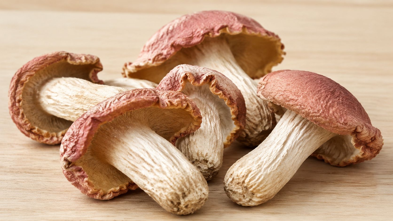 A cluster of dried pink-capped mushrooms with fibrous white stalks placed on a smooth wooden surface.