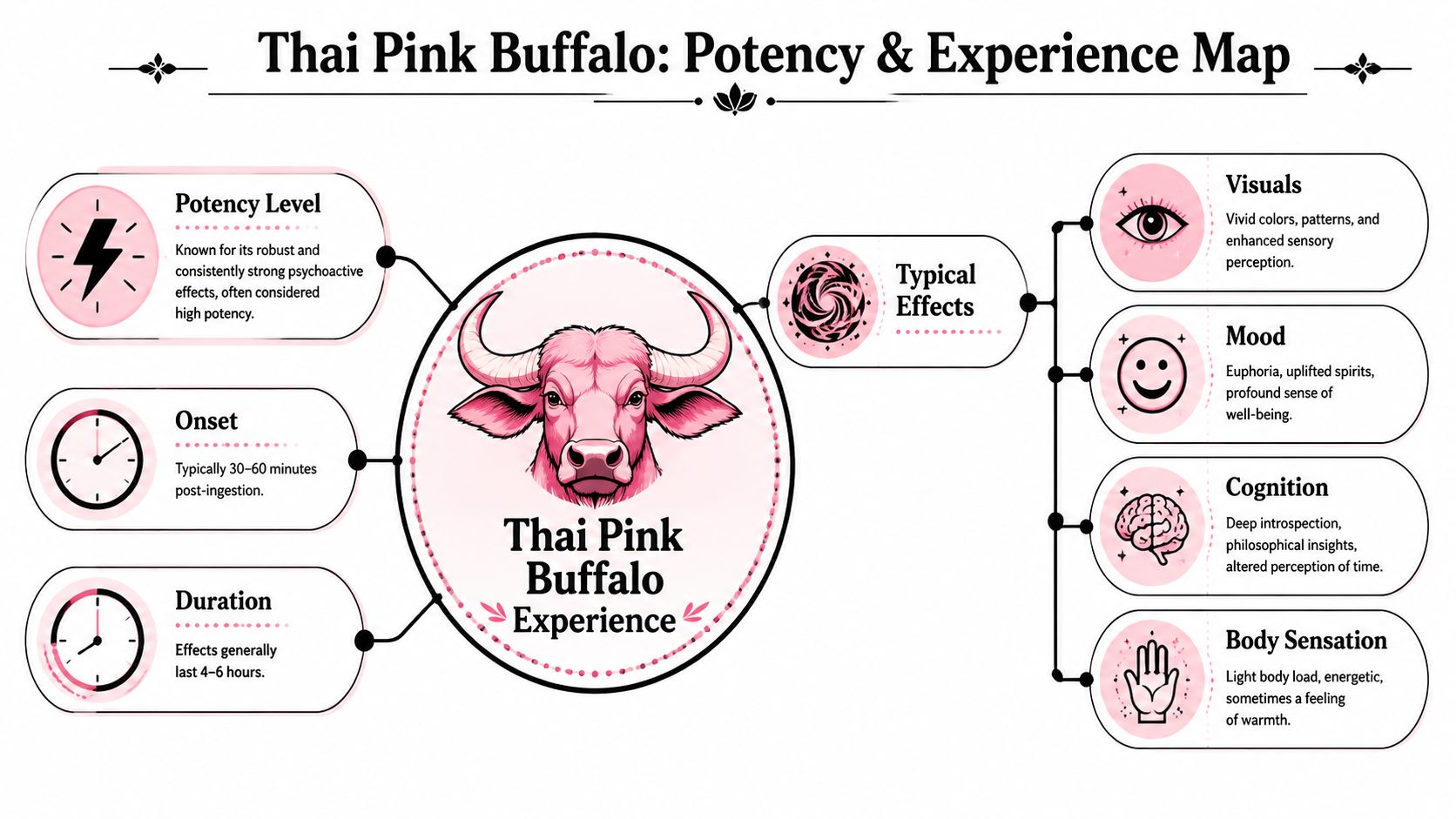 An infographic detailing the potency, onset, duration, and typical psychoactive effects of the Thai Pink Buffalo experience.
