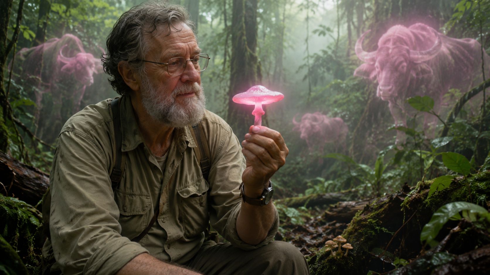 A scientist examines a glowing pink mushroom in a forest surrounded by ethereal pink buffalo ghosts.