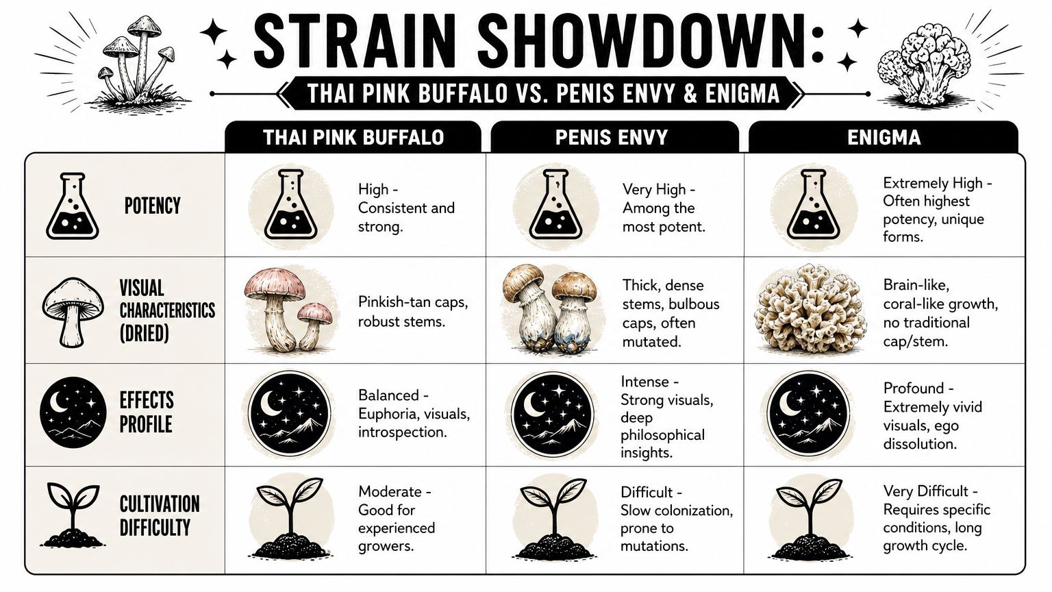 A comparison chart showing potency, visual characteristics, effects, and cultivation difficulty for three mushroom strains.
