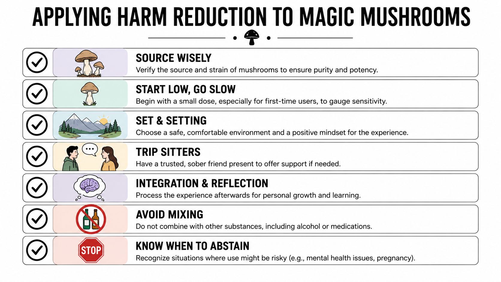 An infographic titled Applying Harm Reduction to Magic Mushrooms, listing seven safety guidelines for psychedelic use.