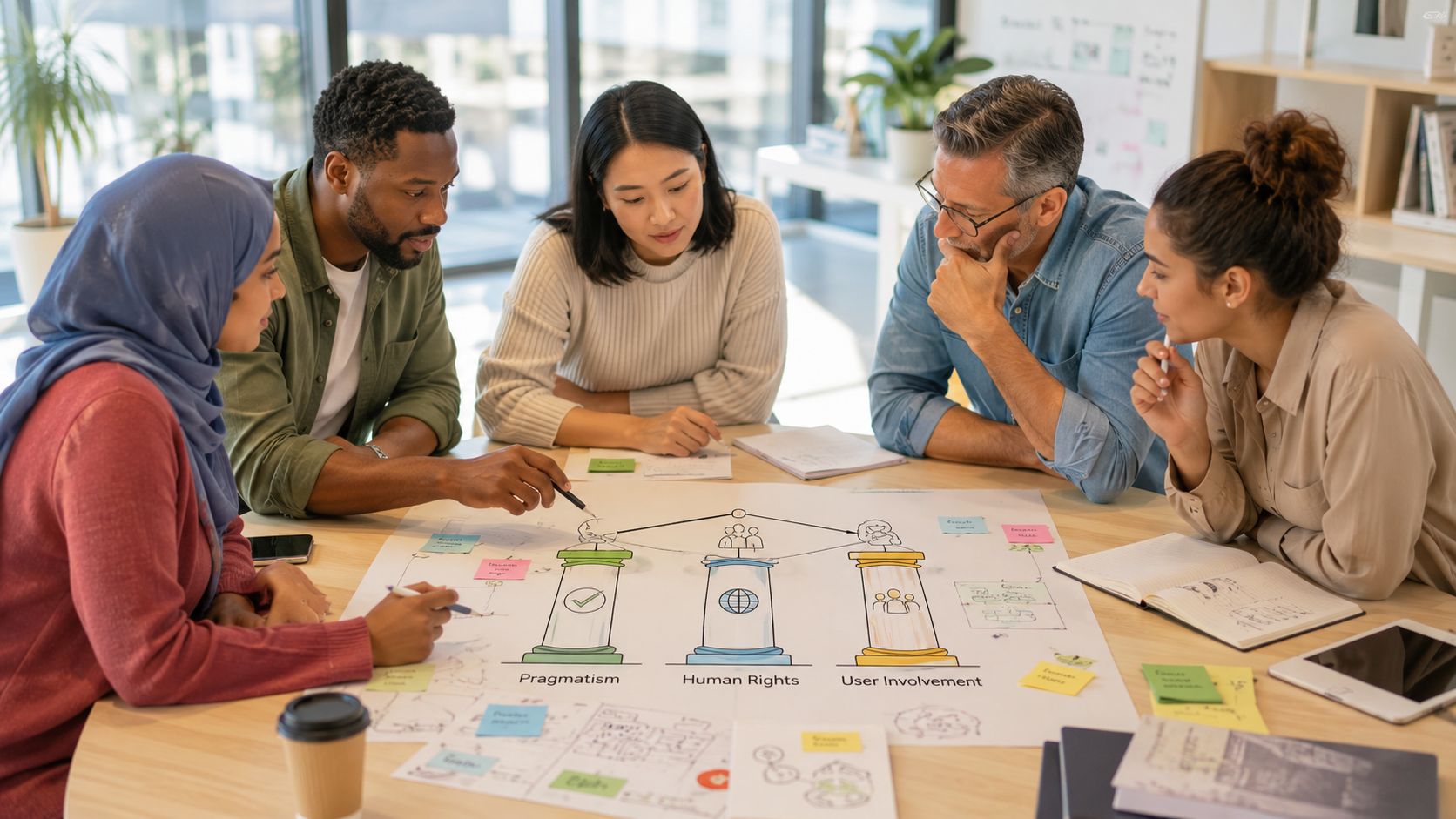 A diverse group of professionals collaborating around a table while discussing a business strategy chart.