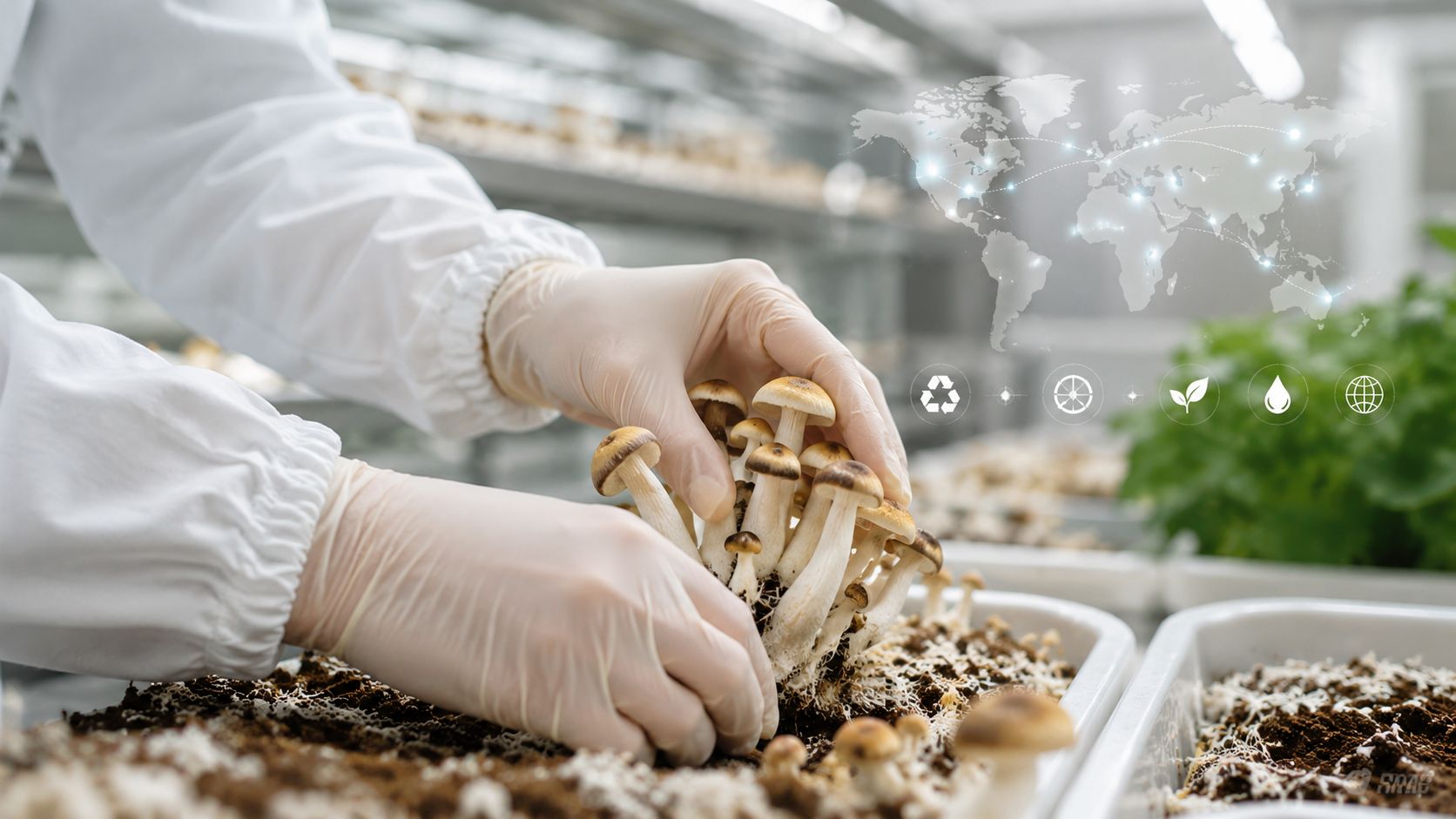 A scientist in white gloves tending to a mushroom crop in a sustainable lab with digital icons.