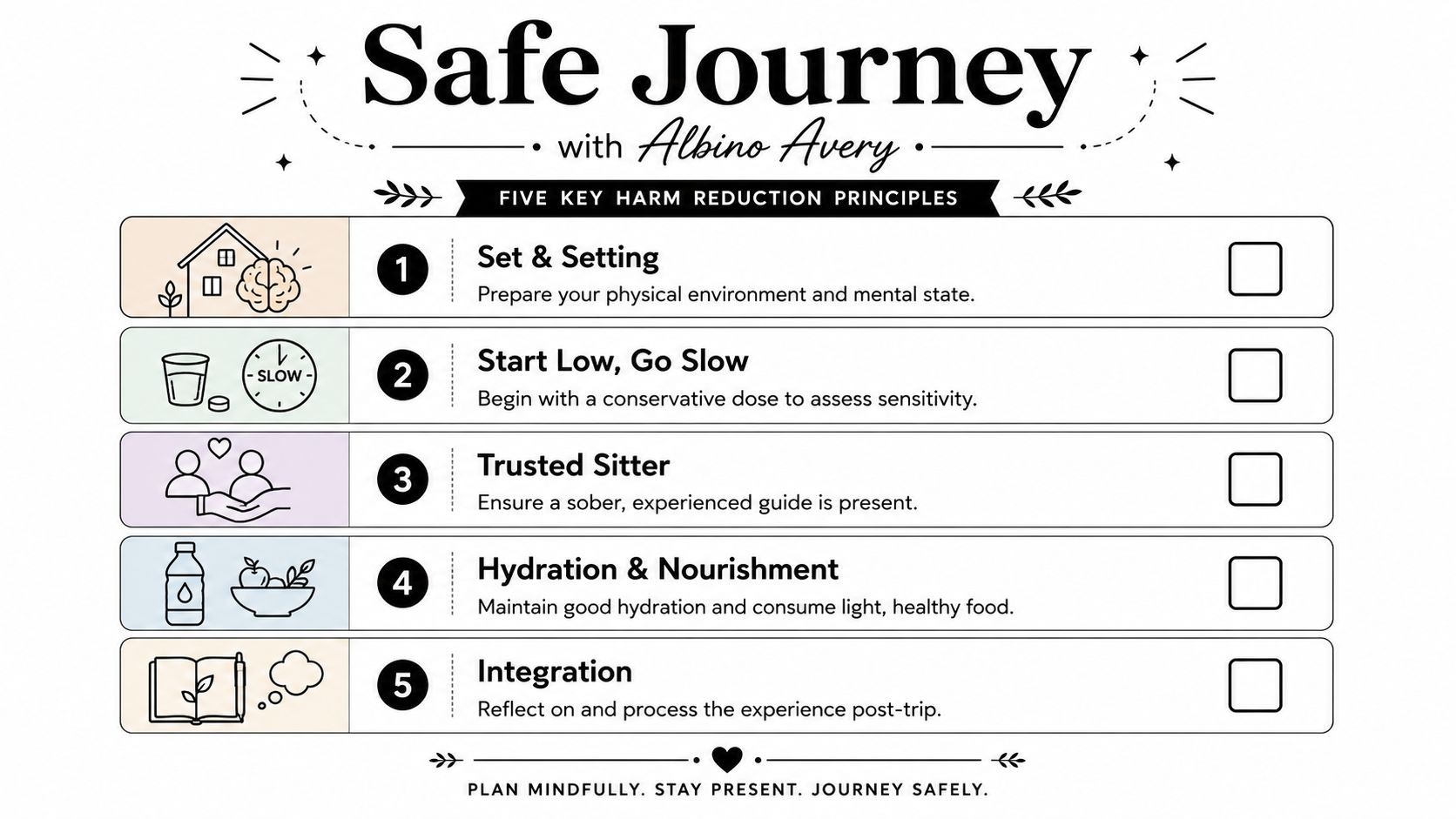 A checklist infographic titled Safe Journey with Albino Avery outlining five essential harm reduction principles.