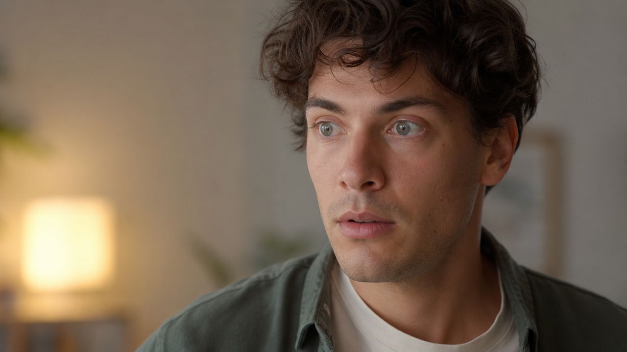 A young man with curly brown hair looking surprised and focused with a blurred interior background.