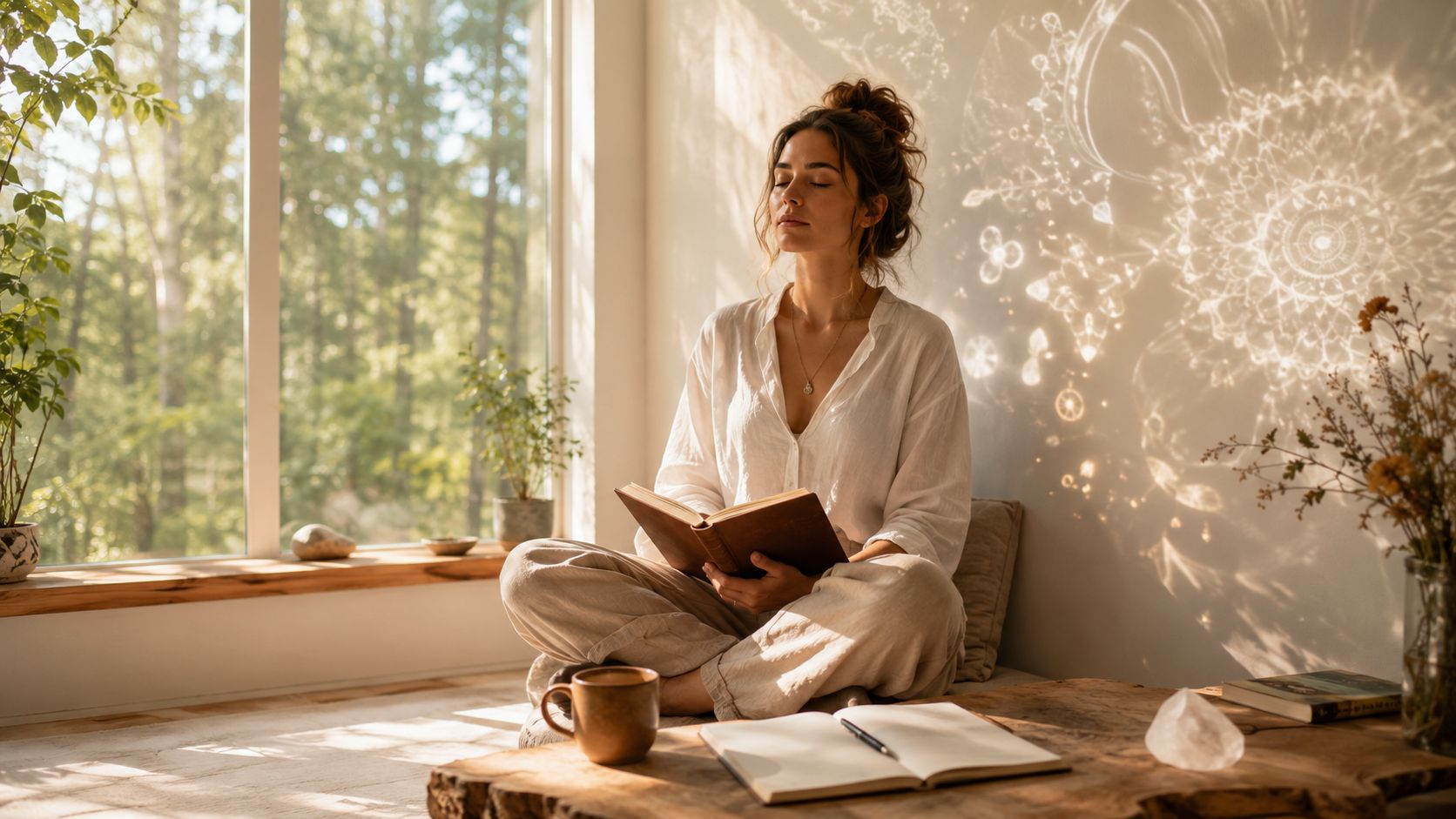 A woman meditating with a book in a peaceful room, perfect for an ayahuasca retreat California experience.