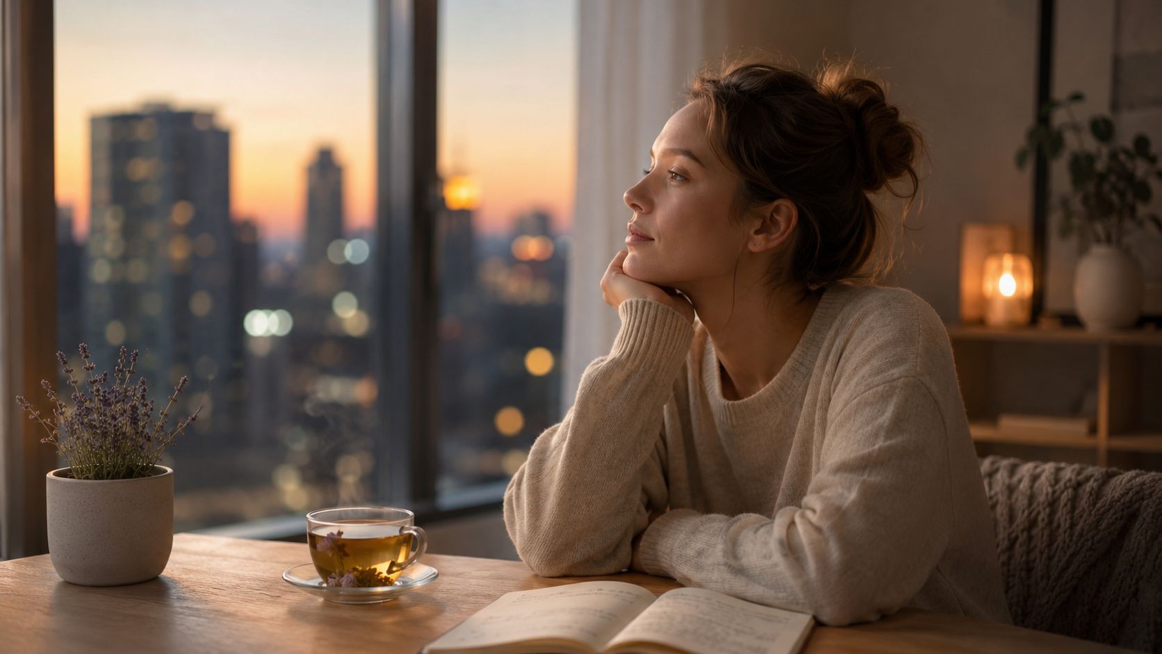 A woman resting her chin on her hand while looking at a city view during sunset.