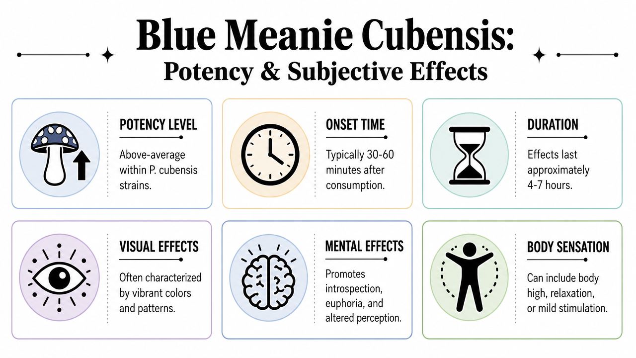 An infographic detailing the potency, duration, and subjective effects of Blue Meanie Cubensis mushrooms.