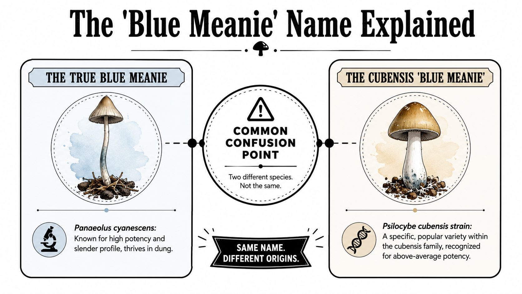 An infographic explaining the confusion between the mushroom species Panaeolus cyanescens and the Psilocybe cubensis Blue Meanie strain.