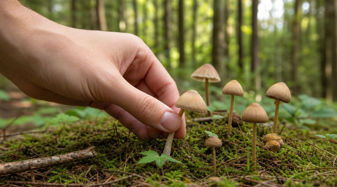 A hand gently picking a small brown mushroom from a mossy forest floor filled with other mushrooms.