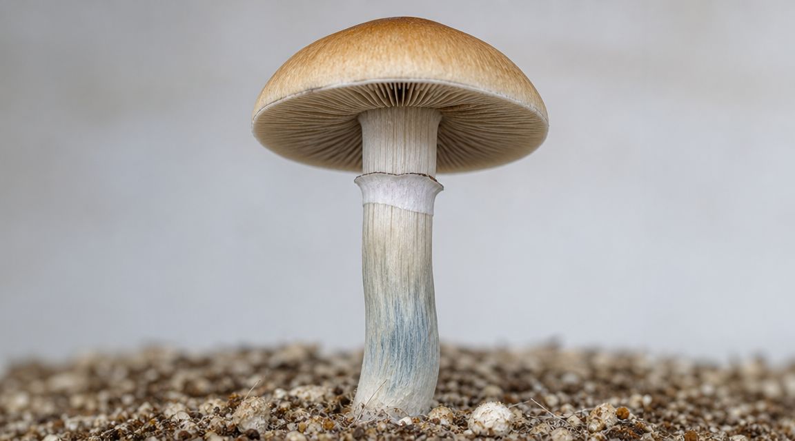 A single Blue Meanie Psilocybe cubensis mushroom growing from the soil against a light gray background.
