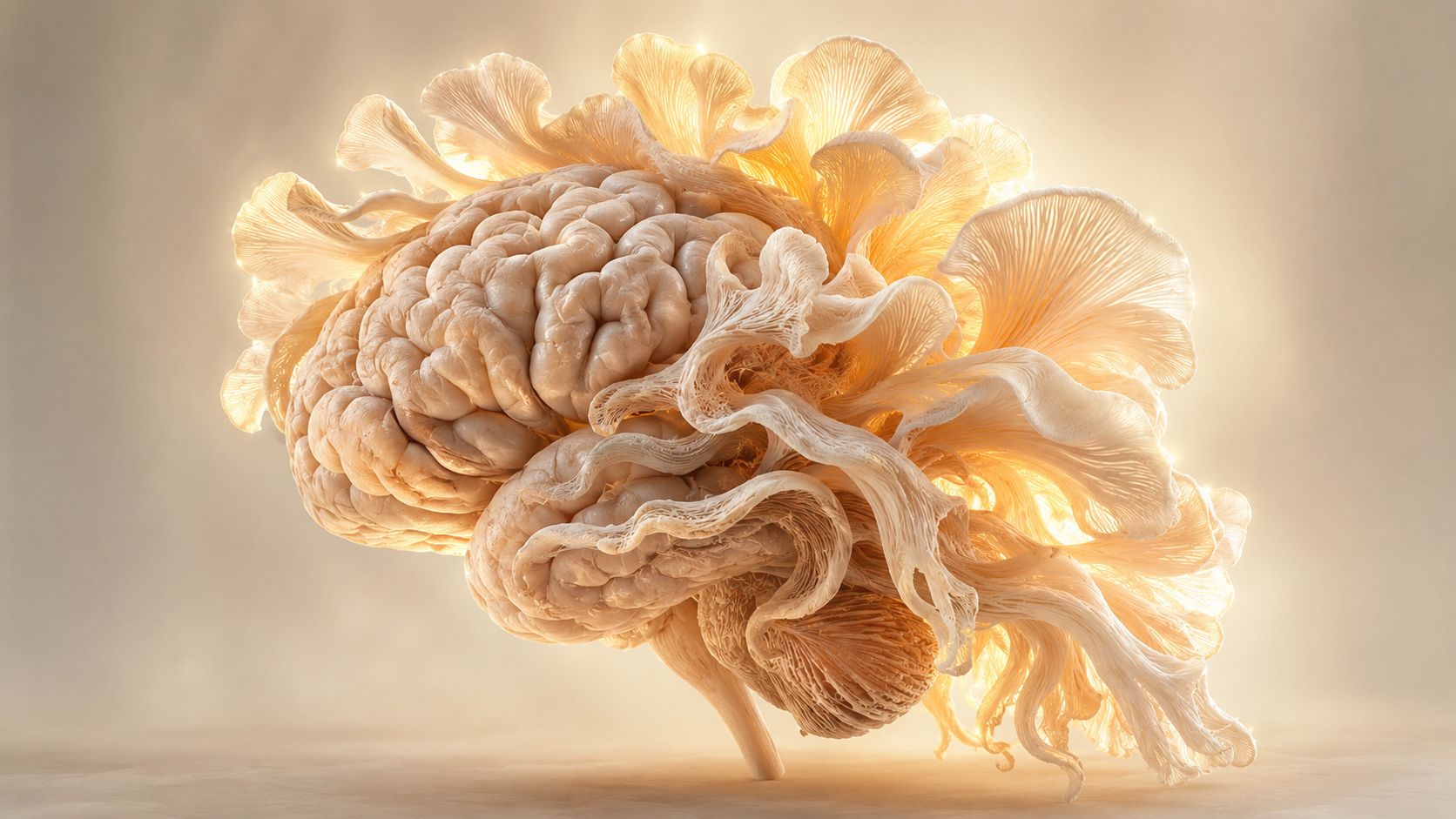 A stylized human brain integrated with flowing, bioluminescent lion's mane mushroom structures against a soft light background.