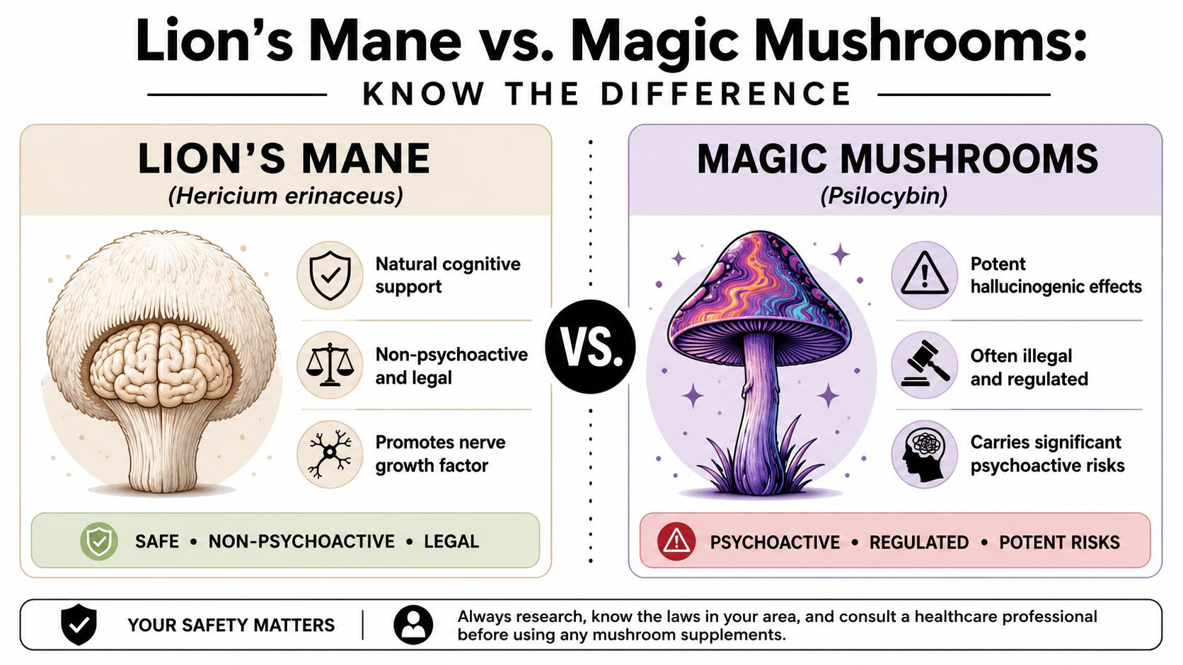 A comparison infographic between Lion's Mane and Magic Mushrooms, highlighting their differences in effects and legality.