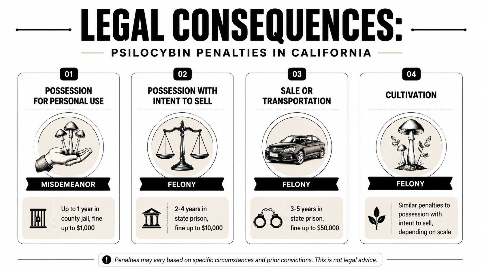 An infographic detailing the potential legal consequences and criminal penalties for psilocybin mushroom offenses in California.
