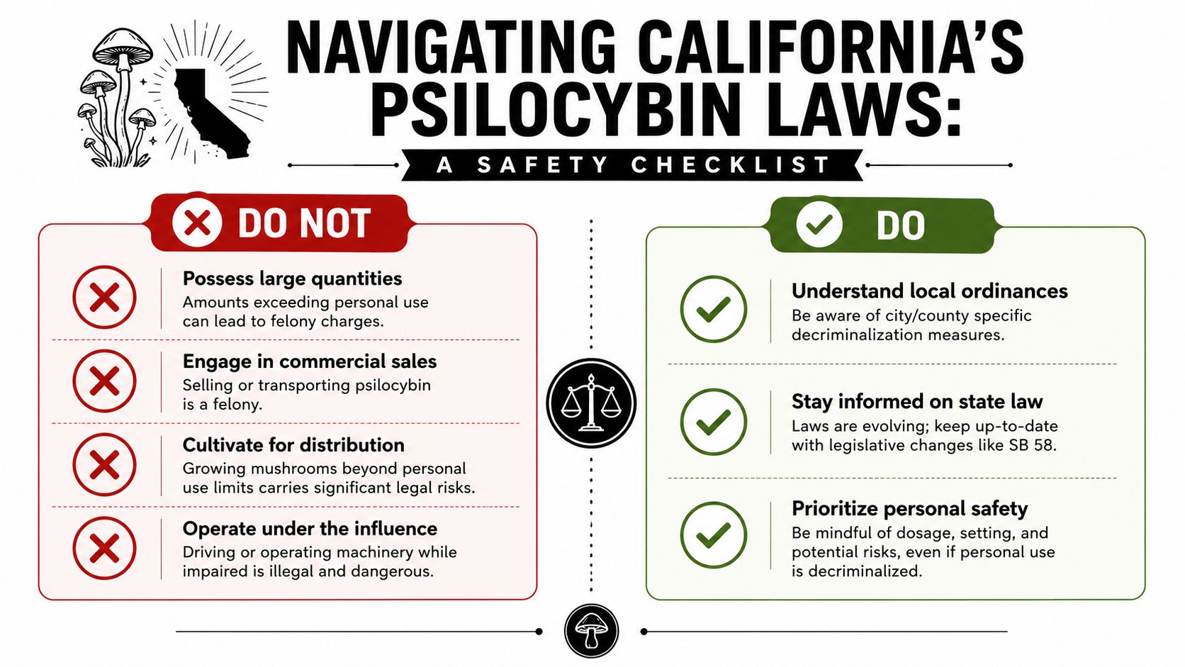 A safety checklist infographic explaining legal do's and don'ts regarding psilocybin use in California.