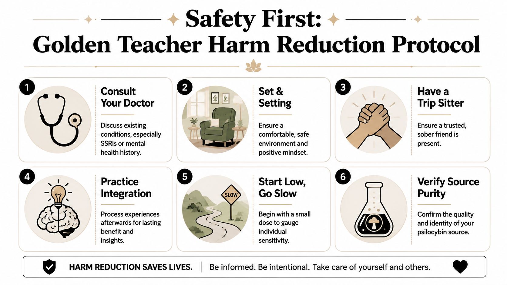 A safety infographic titled Golden Teacher Harm Reduction Protocol listing six key safety steps for psilocybin use.