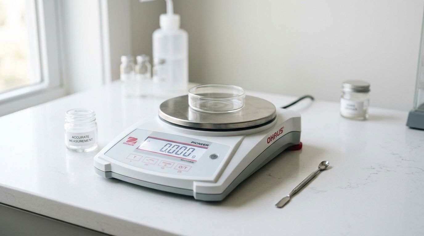 A laboratory digital scale displaying zero grams with a glass petri dish for weighing scientific samples.