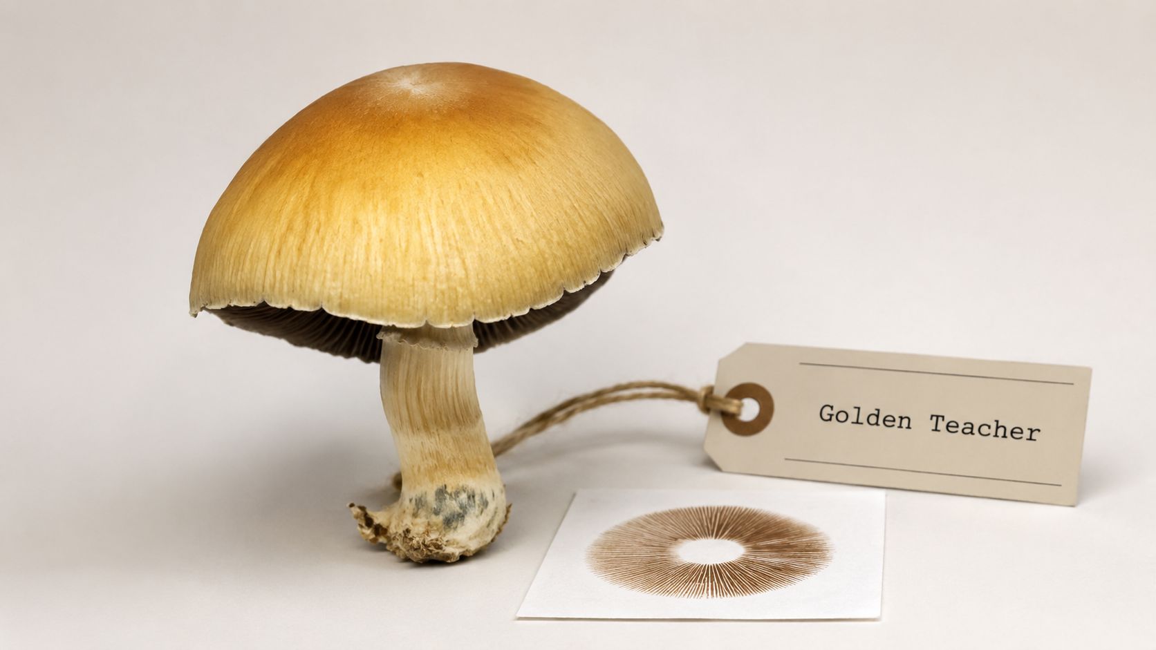 A single Golden Teacher mushroom next to a handwritten tag and a brown spore print on white paper.