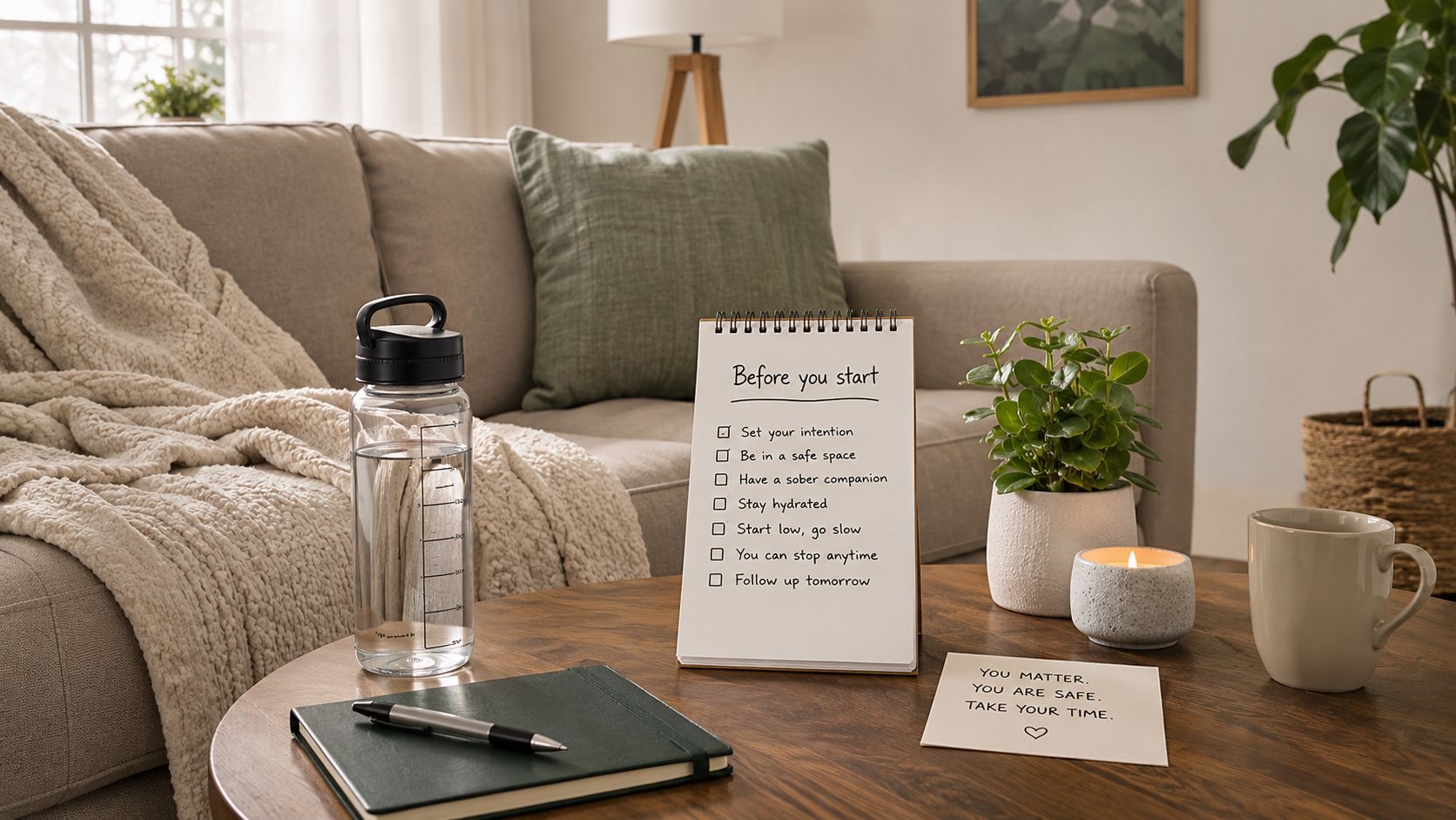 A cozy living room table with a checklist for self-care, a water bottle, and a journal.