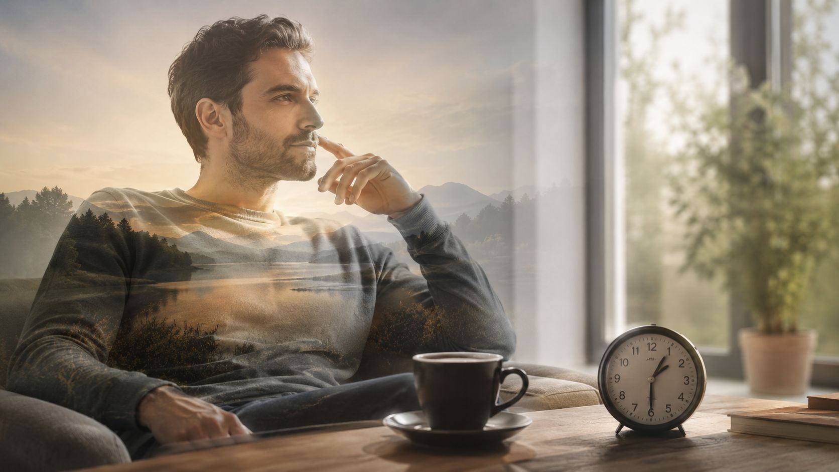 A thoughtful man sitting in a comfortable armchair next to a coffee cup and a clock.