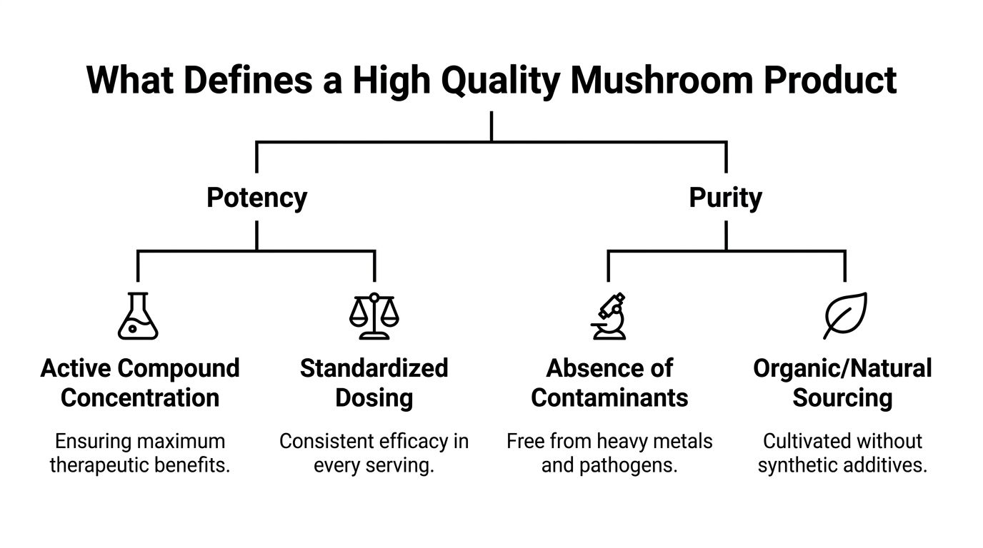 A flowchart diagram explaining the key factors for high quality mushroom products, highlighting potency and purity.