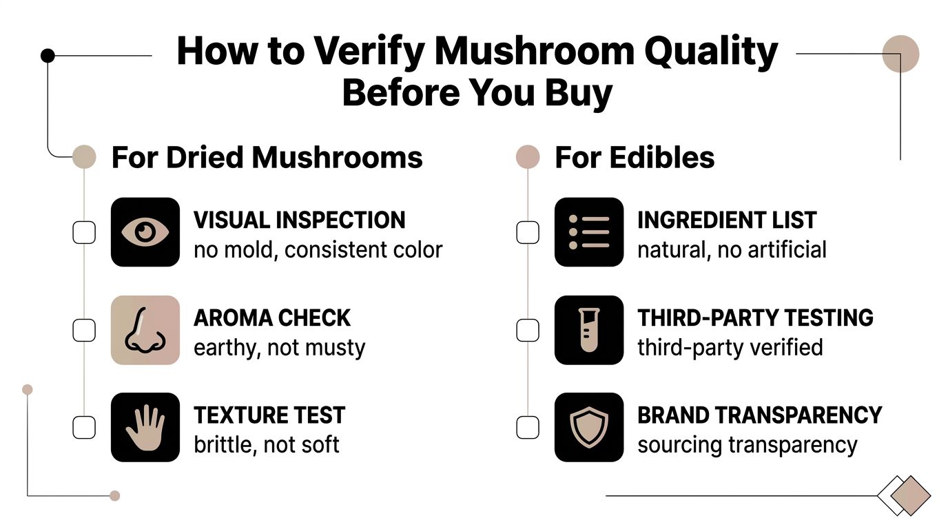 An infographic titled How to Verify Mushroom Quality Before You Buy, showing inspection tips for dried mushrooms and edibles.